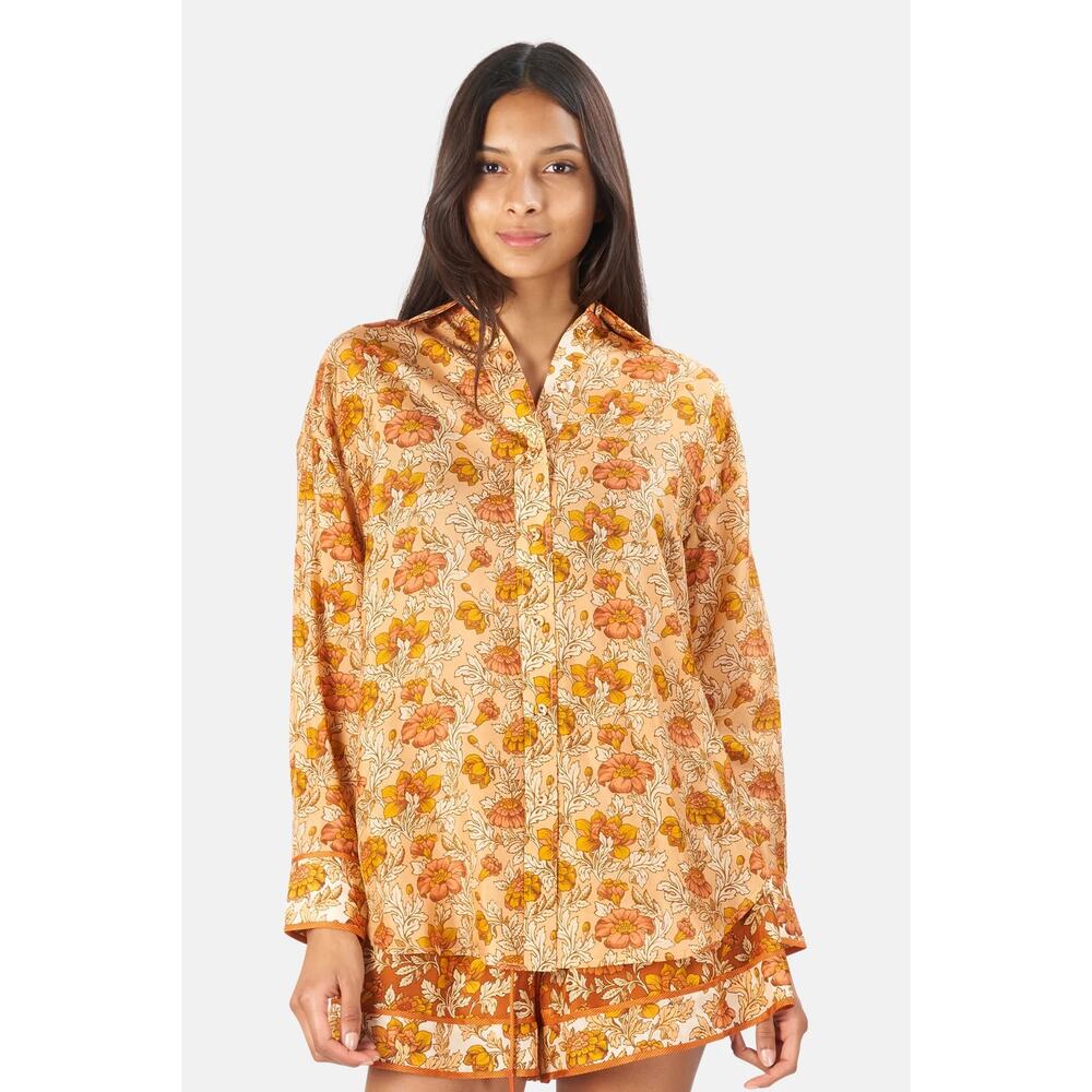 Zimmermann Andie Relaxed Floral Silk Habutai Blouse Button Down Shirt Orange